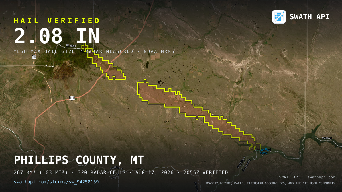 Storm card: 1.2–2.1" hail crossed Phillips County, MT — August 17, 2026