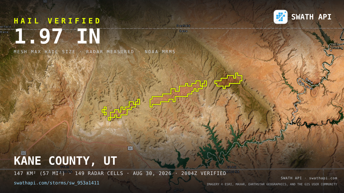 Storm card: 1.4–2" hail crossed Kane County, UT — August 30, 2026