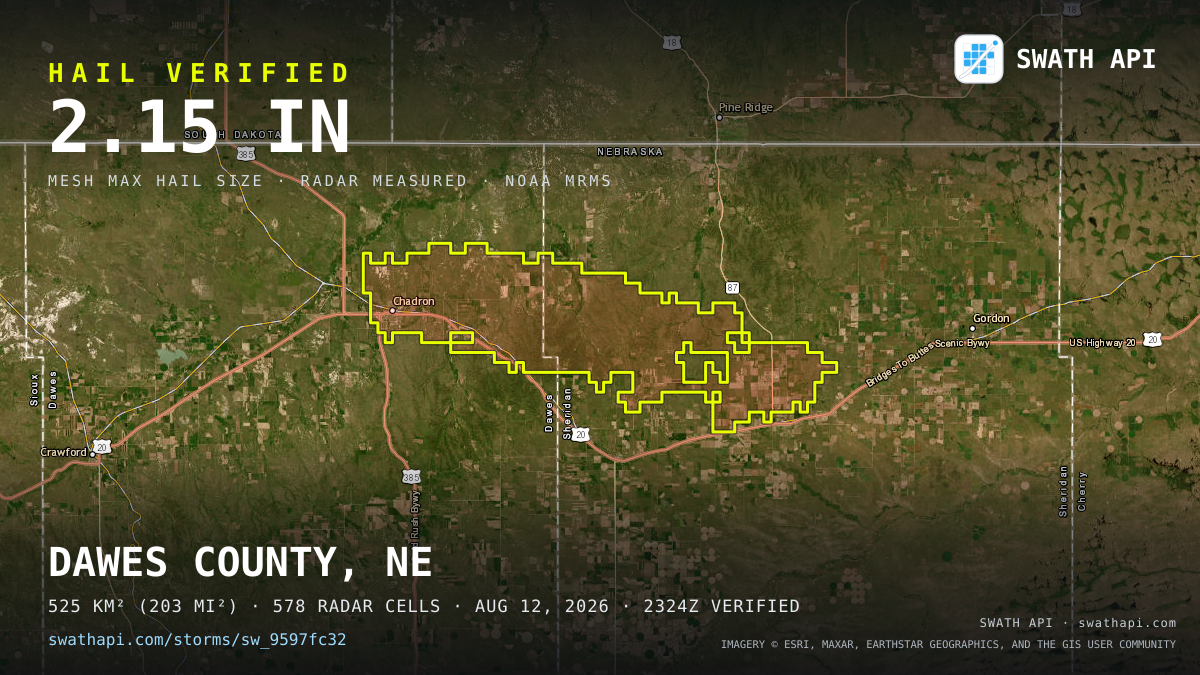 Storm card: 1.1–2.2" hail crossed Sheridan County, NE — August 12, 2026