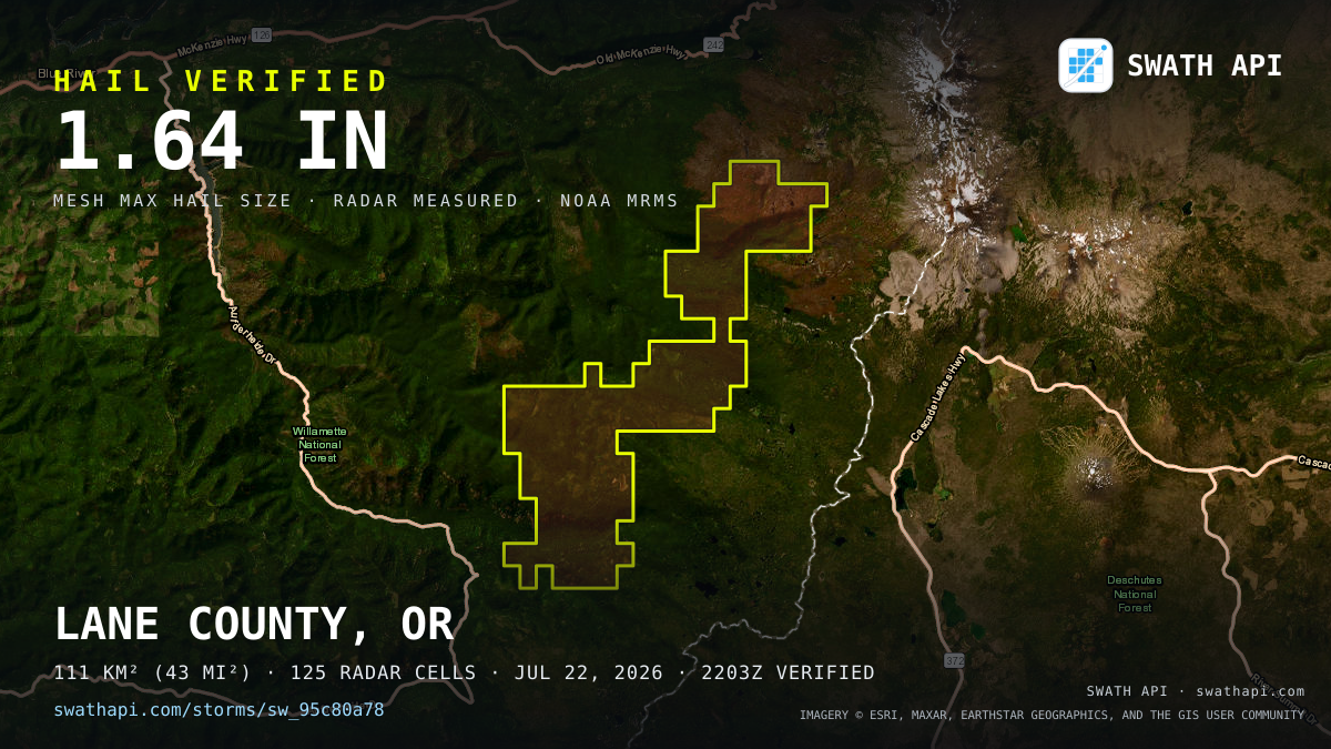 Storm card: 1.1–1.6" hail crossed Lane County, OR — July 22, 2026
