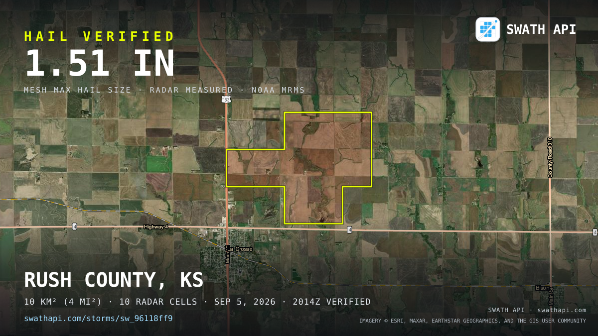 Storm card: 1.1–1.5" hail crossed Rush County, KS — September 5, 2026