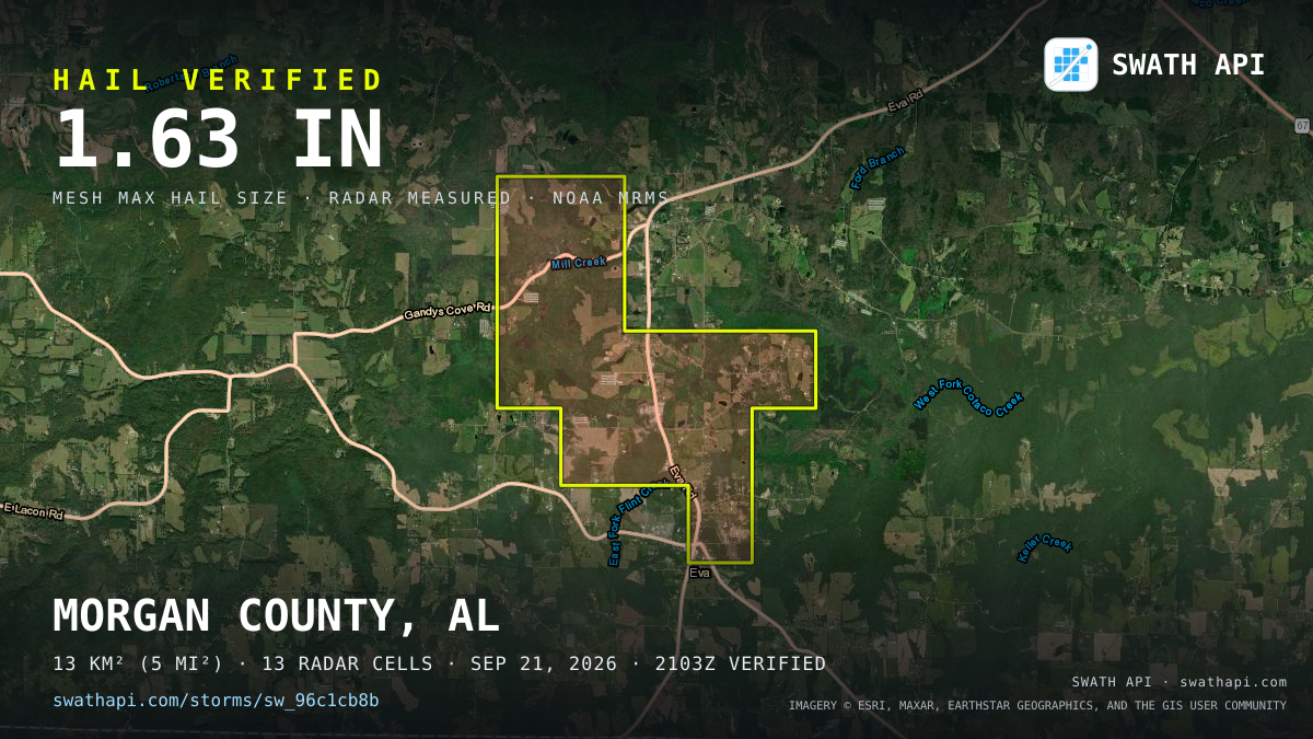 Storm card: 1.2–1.6" hail crossed Morgan County, AL — September 21, 2026