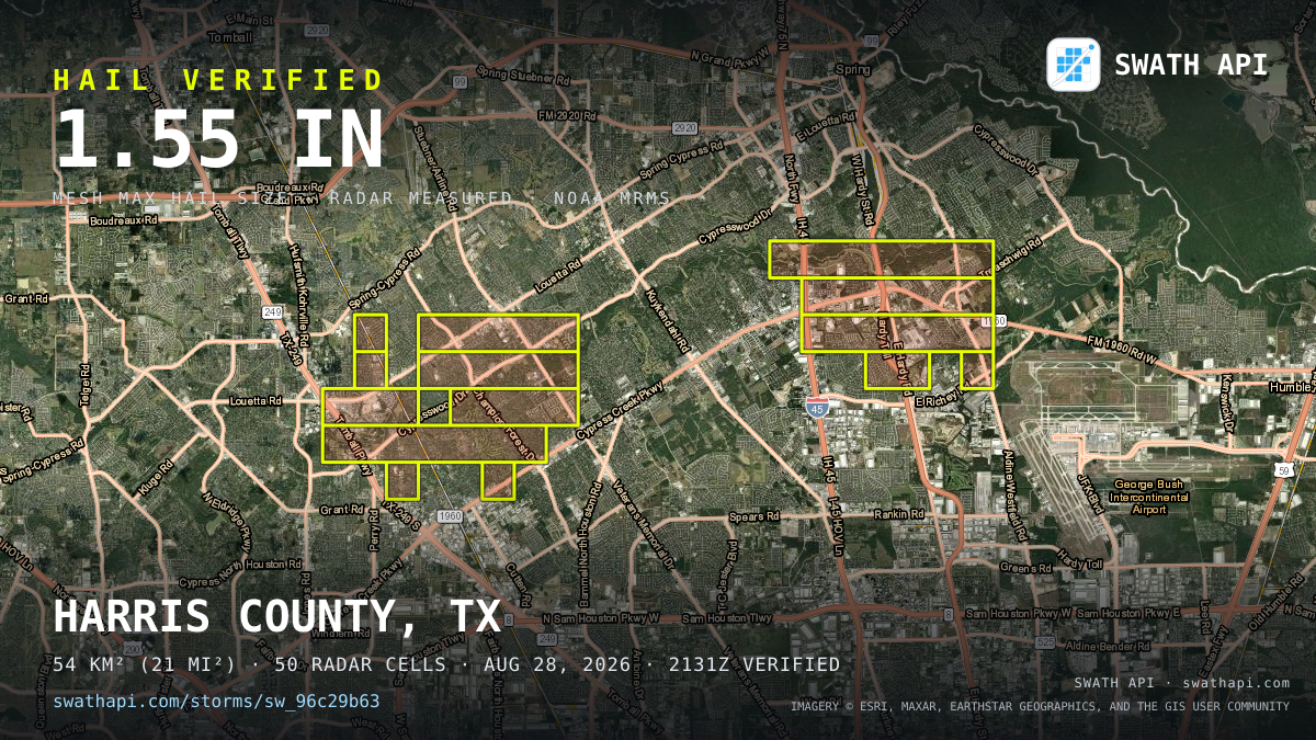 Storm card: 1.2–1.6" hail crossed Harris County, TX — August 28, 2026
