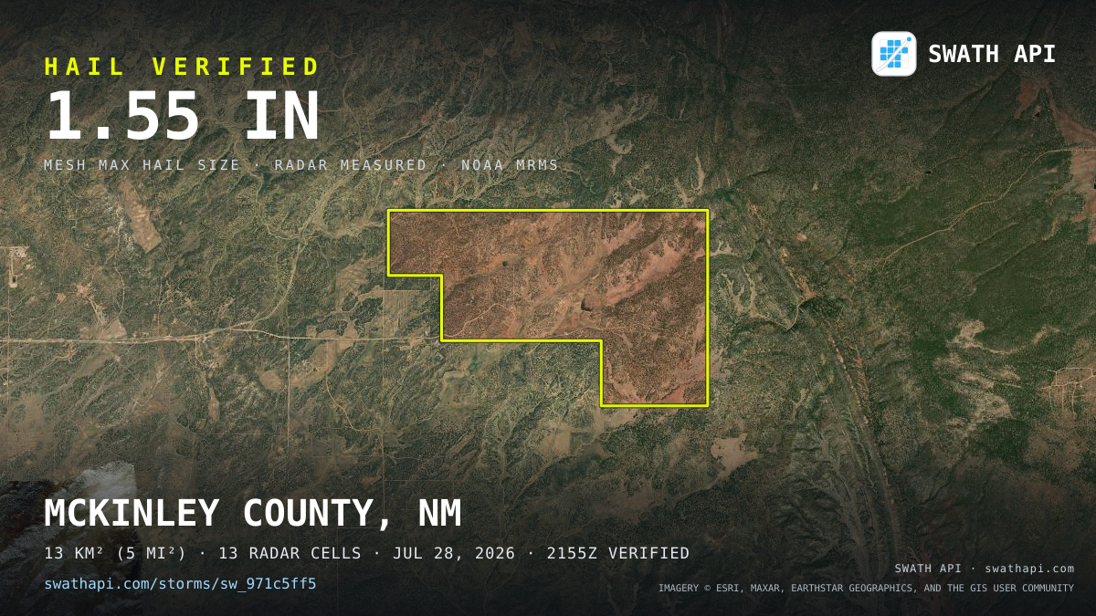 Storm card: 1.2–1.6" hail crossed McKinley County, NM — July 28, 2026