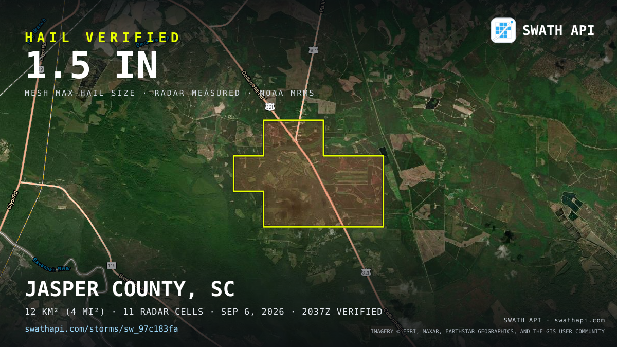 Storm card: 1.2–1.5" hail crossed Jasper County, SC — September 6, 2026