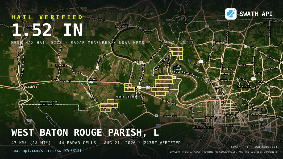 Storm card: 1.2–1.5" hail crossed West Baton Rouge Parish, LA — August 21, 2026