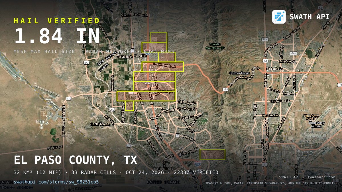Storm card: 1.3–1.9" hail crossed El Paso County, TX — October 24, 2026