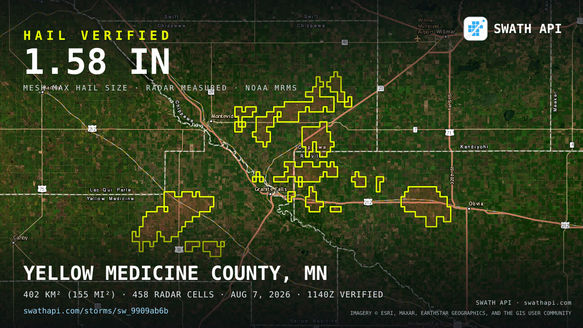 Storm card: 1.2–1.6" hail crossed Chippewa County, MN — August 7, 2026