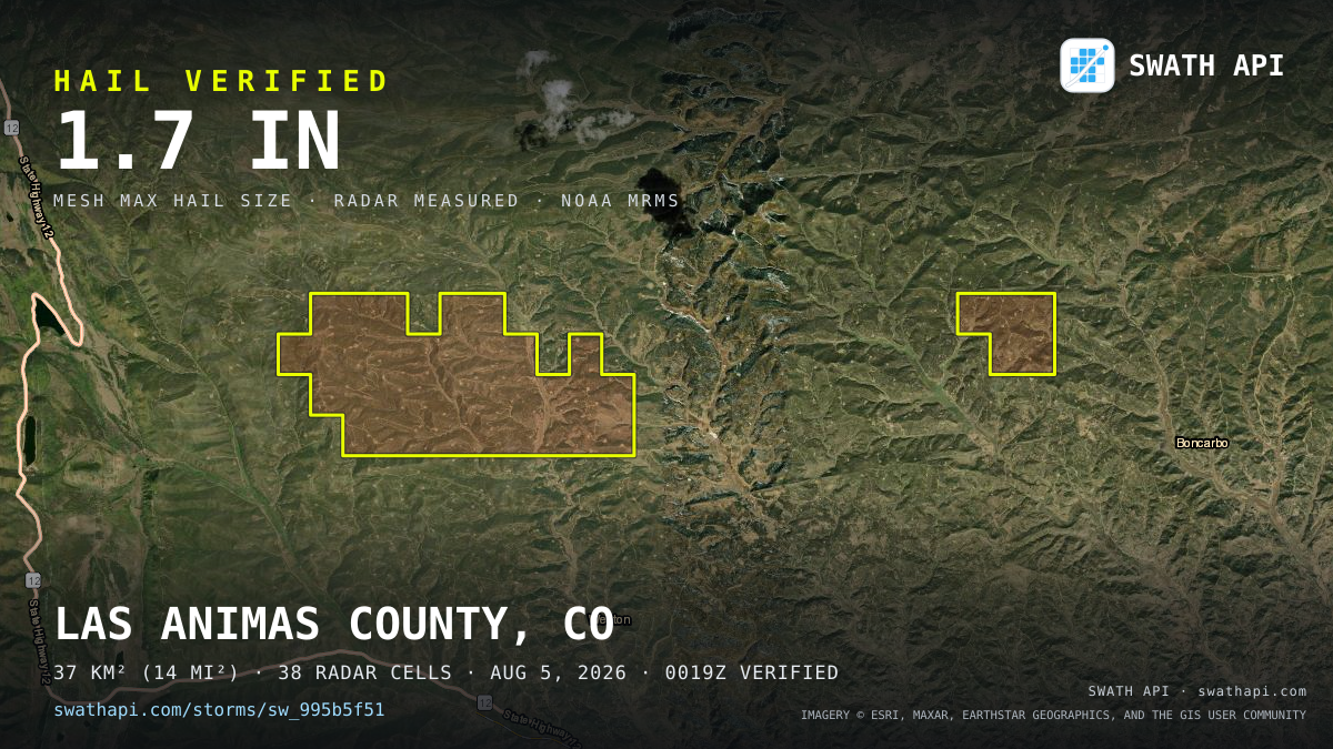 Storm card: 1–1.7" hail crossed Las Animas County, CO — August 5, 2026