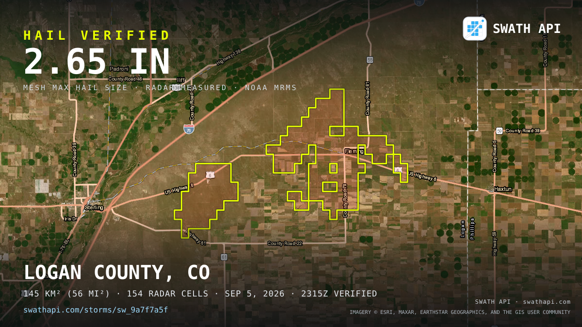 Storm card: 1.2–2.7" hail crossed Logan County, CO — September 5, 2026