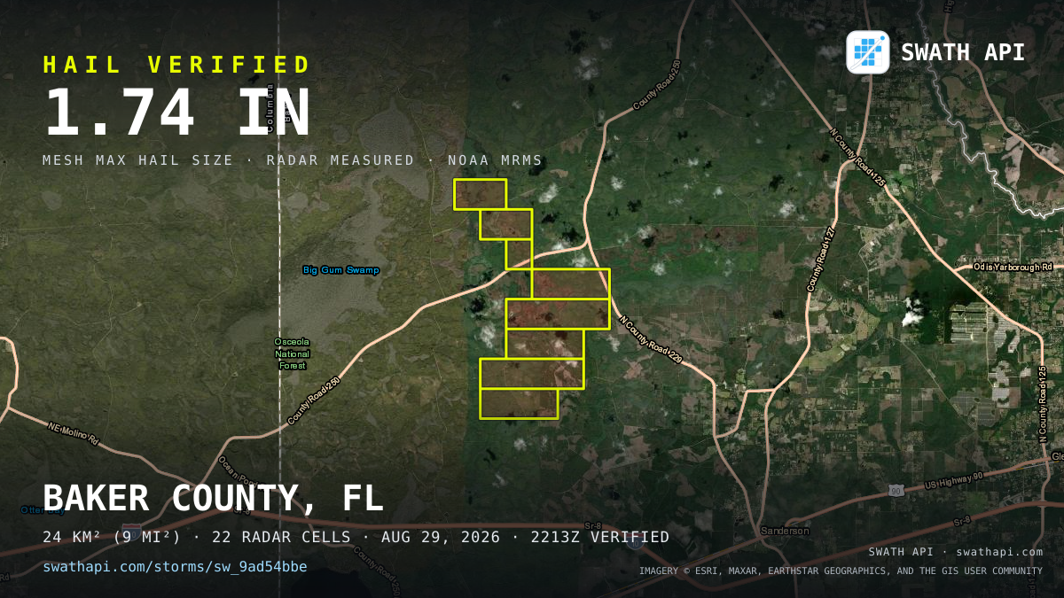 Storm card: 1.1–1.7" hail crossed Baker County, FL — August 29, 2026