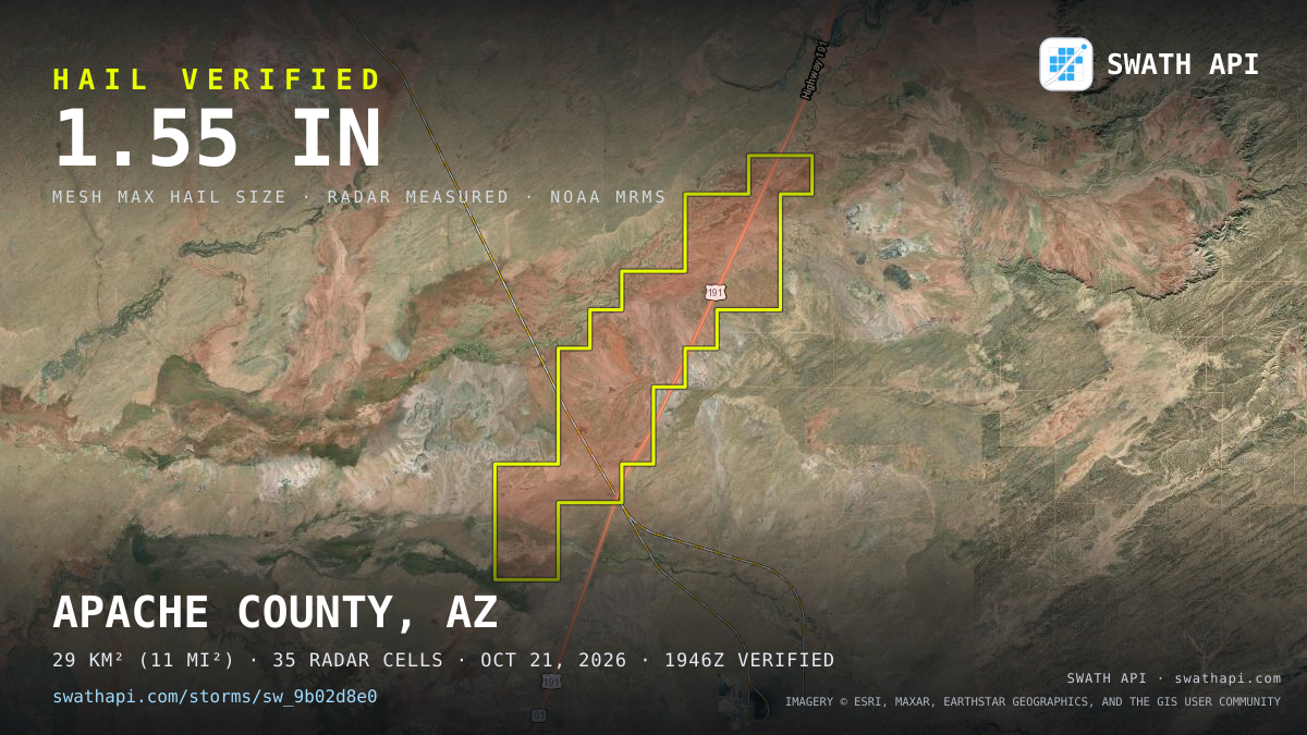 Storm card: 1.3–2" hail crossed Apache County, AZ — October 21, 2026