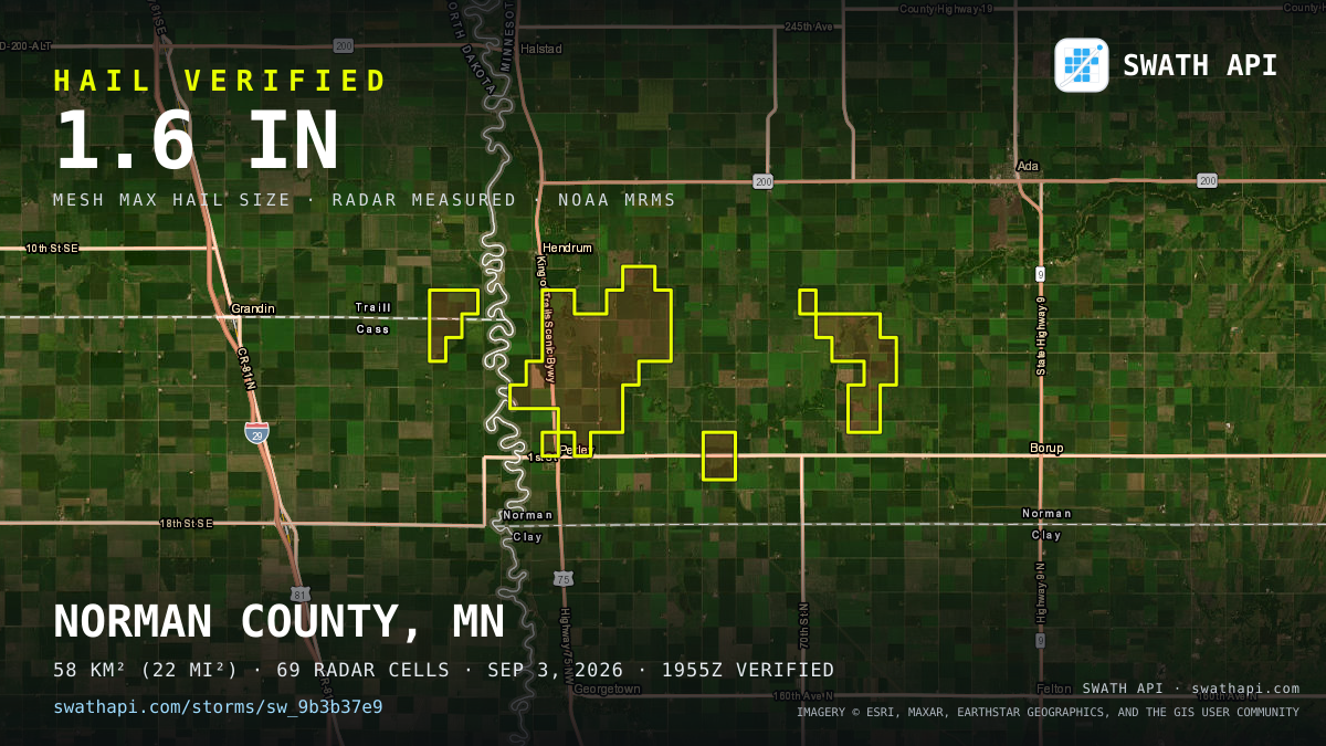Storm card: 1.1–1.6" hail crossed Norman County, MN — September 3, 2026