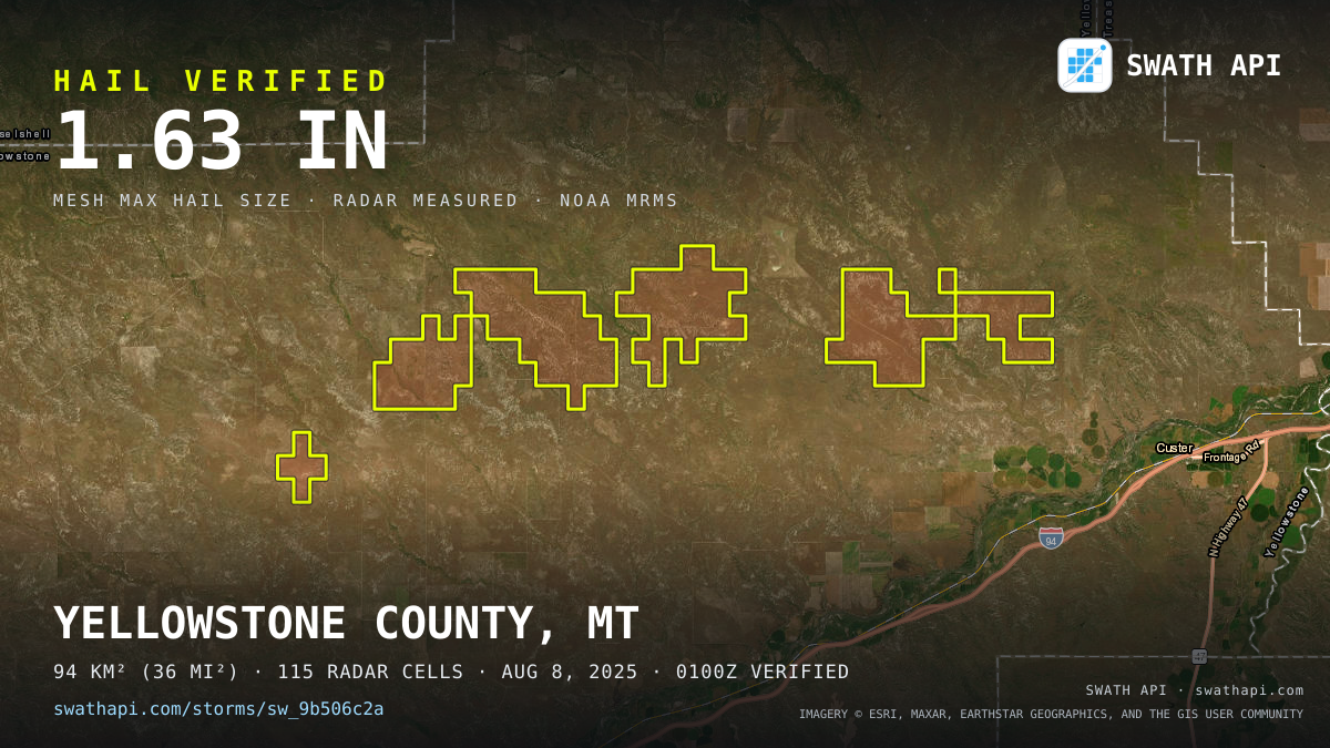 Storm card: 1.1–1.6" hail crossed Yellowstone County, MT — August 8, 2025