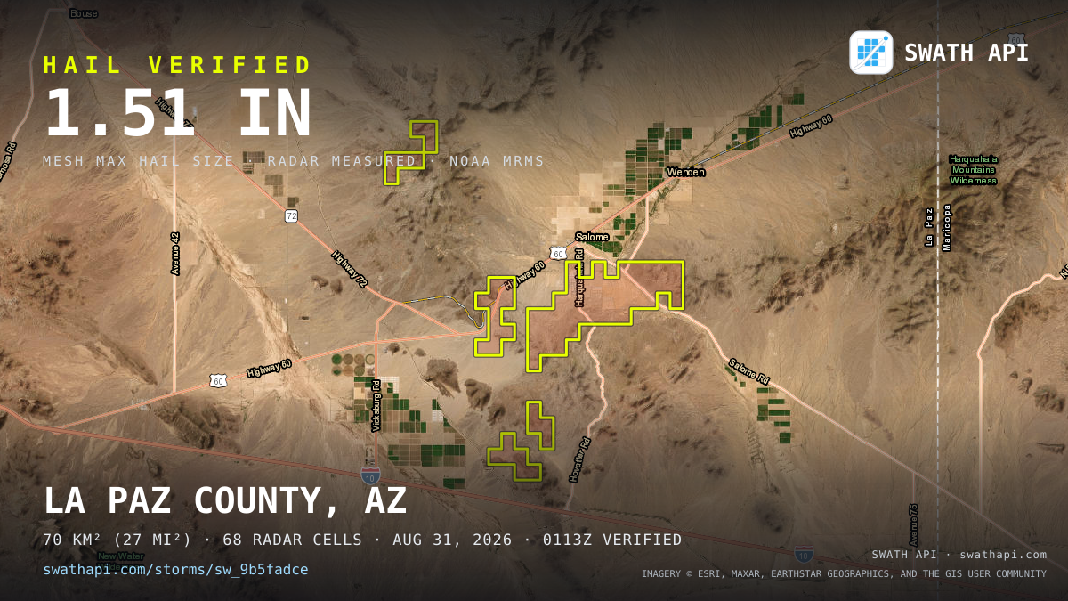 Storm card: 1.2–1.5" hail crossed La Paz County, AZ — August 31, 2026