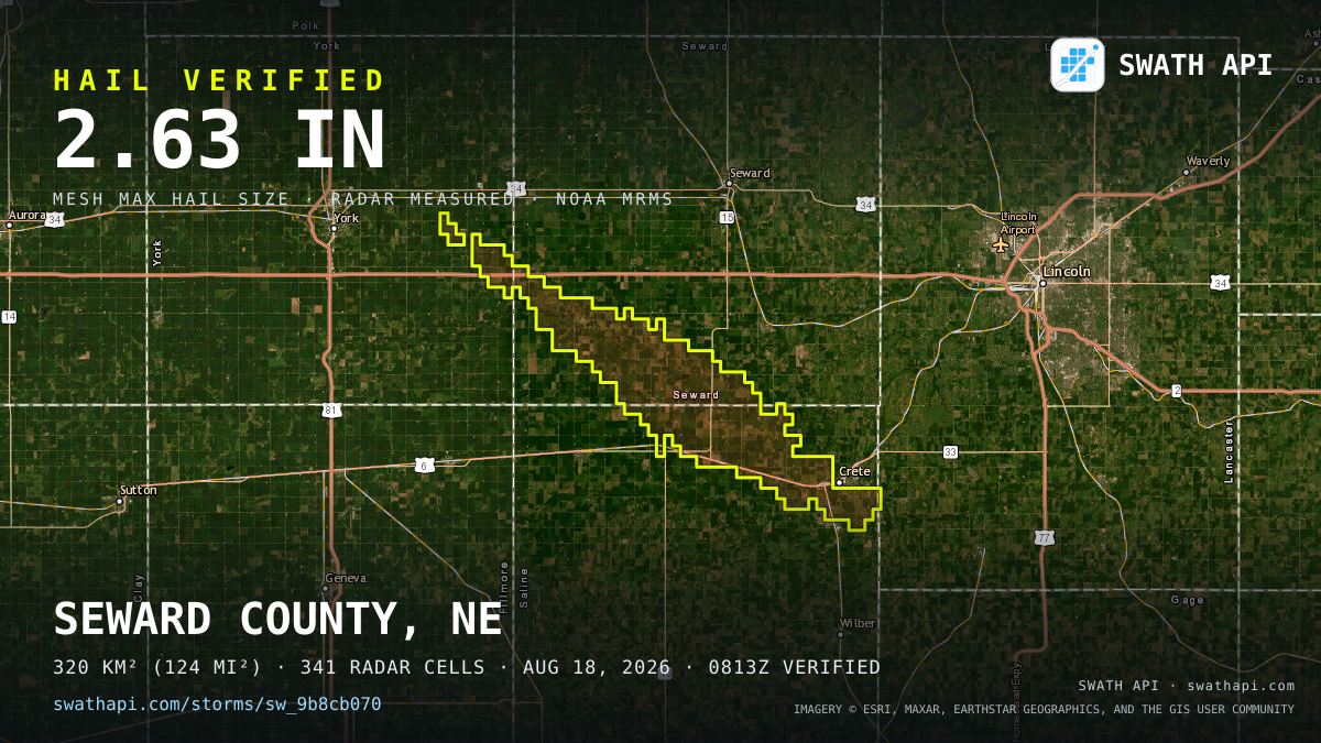 Storm card: 1.2–2.6" hail crossed Seward County, NE — August 18, 2026
