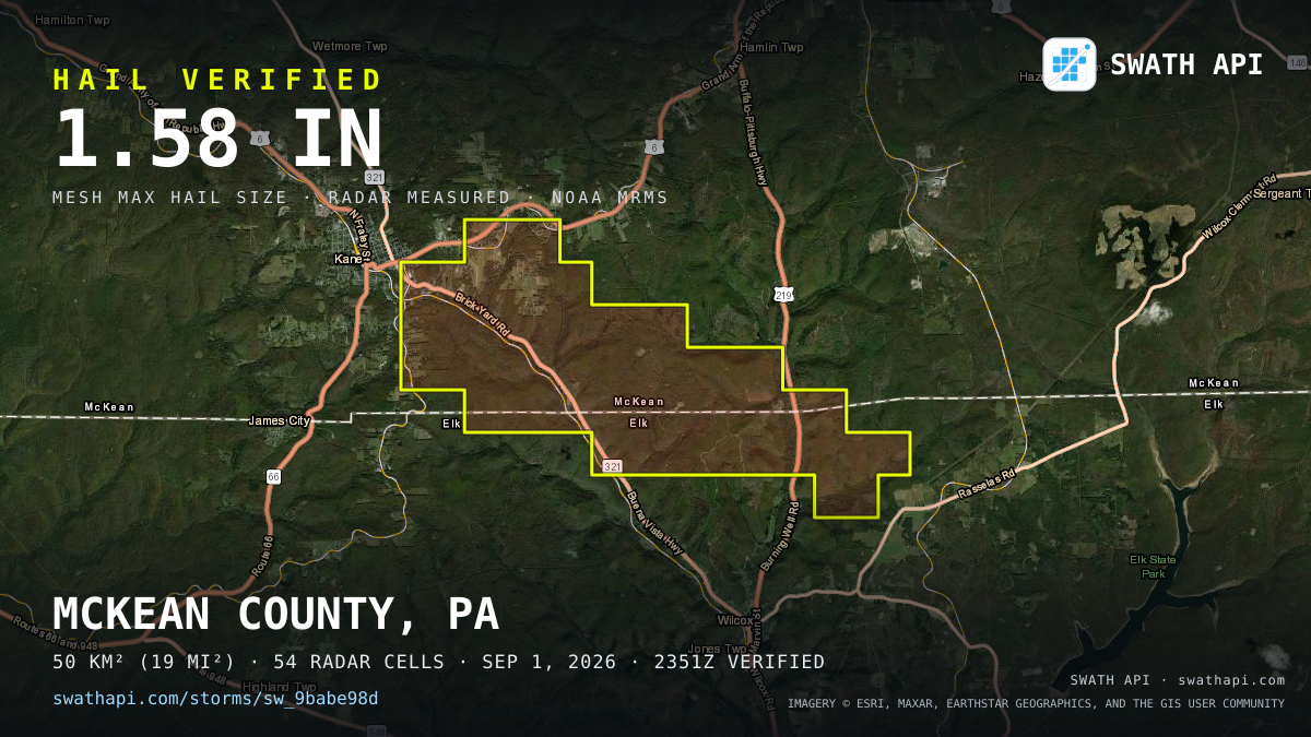 Storm card: 1.1–1.6" hail crossed McKean County, PA — September 1, 2026