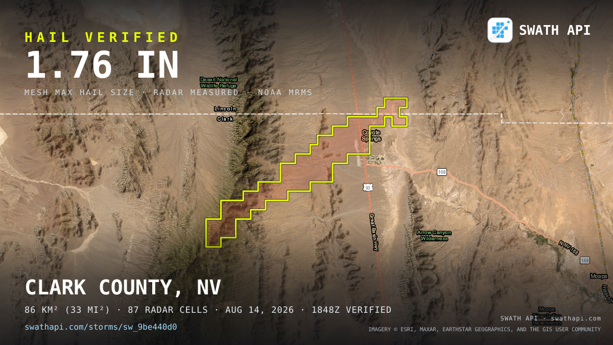 Storm card: 1.1–1.8" hail crossed Clark County, NV — August 14, 2026