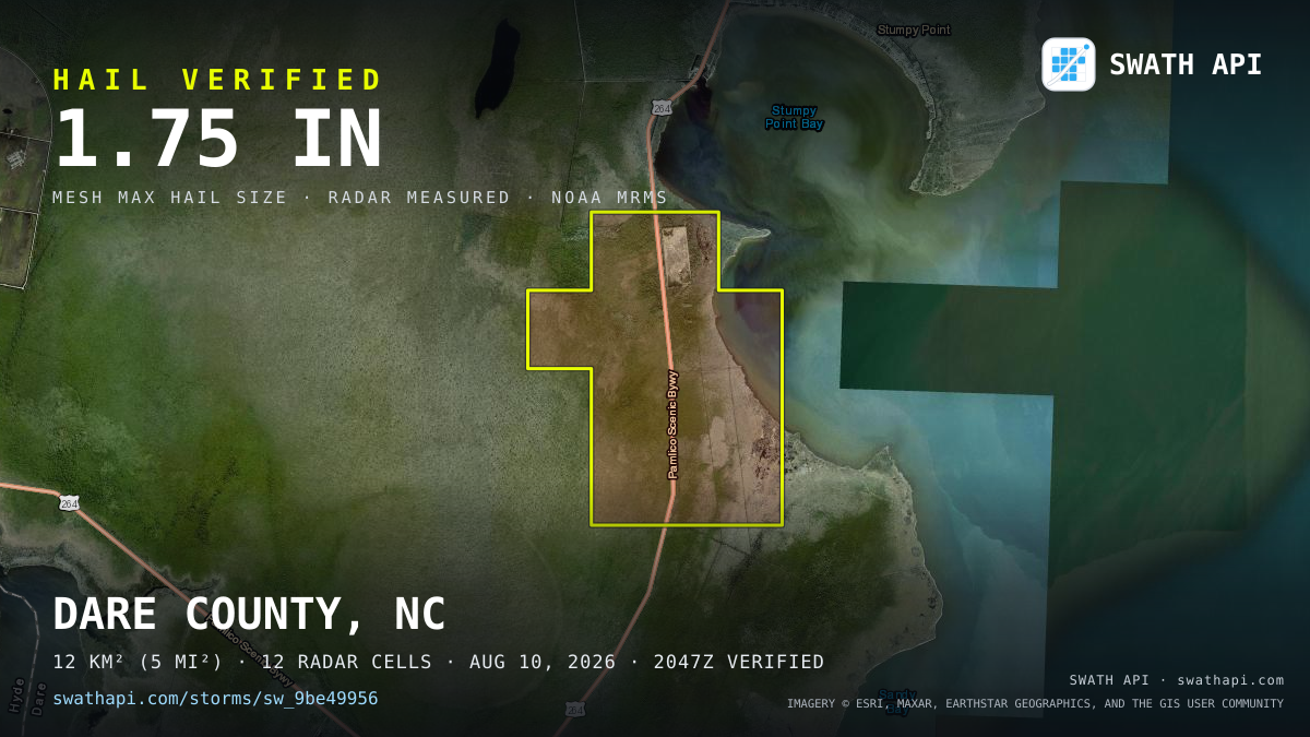 Storm card: 1.2–1.8" hail crossed Dare County, NC — August 10, 2026
