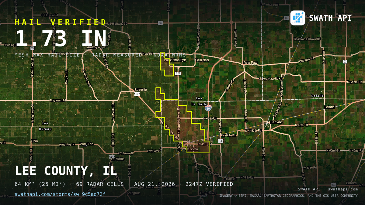 Storm card: 1.1–1.7" hail crossed LaSalle County, IL — August 21, 2026