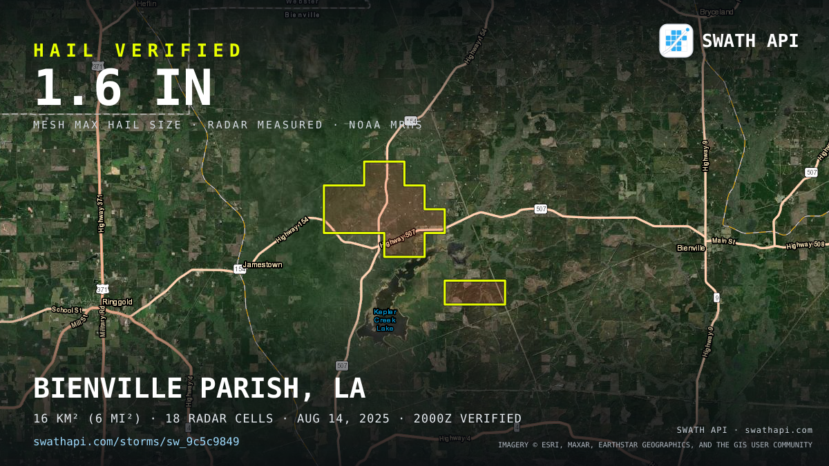 Storm card: 1.1–1.6" hail crossed Bienville Parish, LA — August 14, 2025