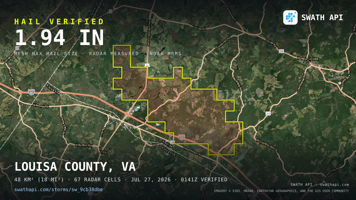 Storm card: 1.5–2.5" hail crossed Louisa County, VA — July 27, 2026