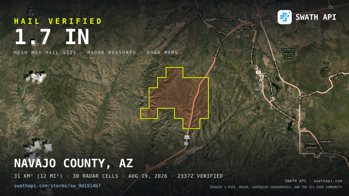 Storm card: 1.3–1.7" hail crossed Navajo County, AZ — August 19, 2026