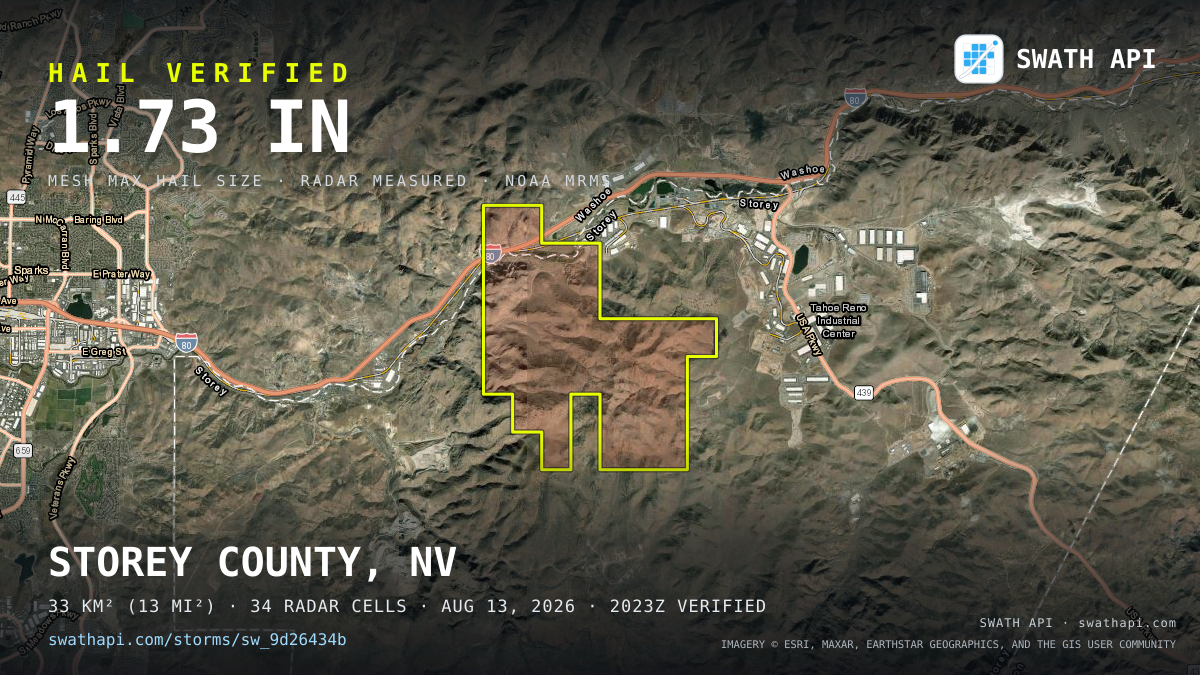Storm card: 1.2–1.7" hail crossed Storey County, NV — August 13, 2026