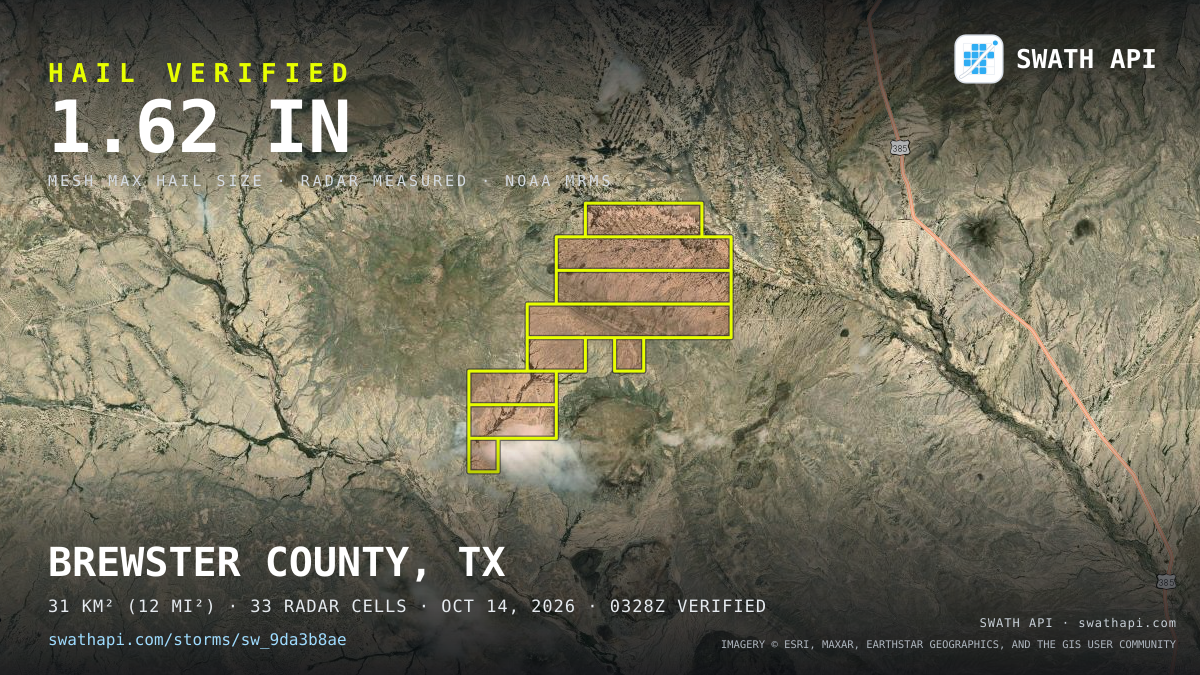 Storm card: 1.2–1.6" hail crossed Brewster County, TX — October 14, 2026
