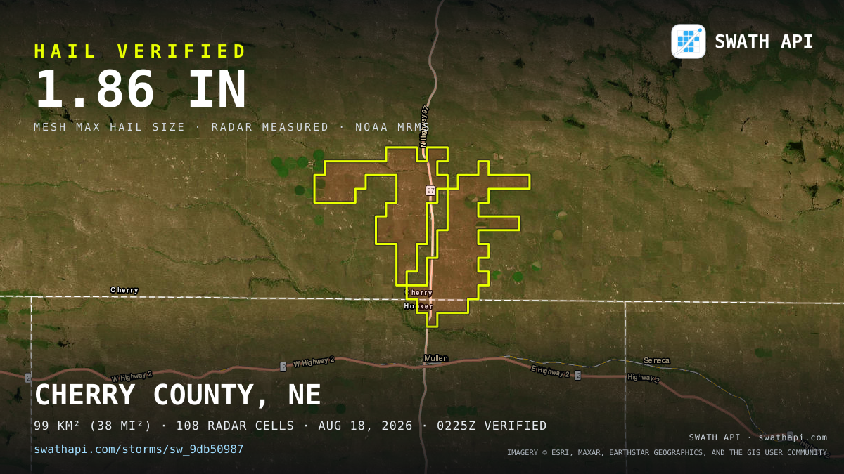 Storm card: 1.1–1.9" hail crossed Cherry County, NE — August 18, 2026