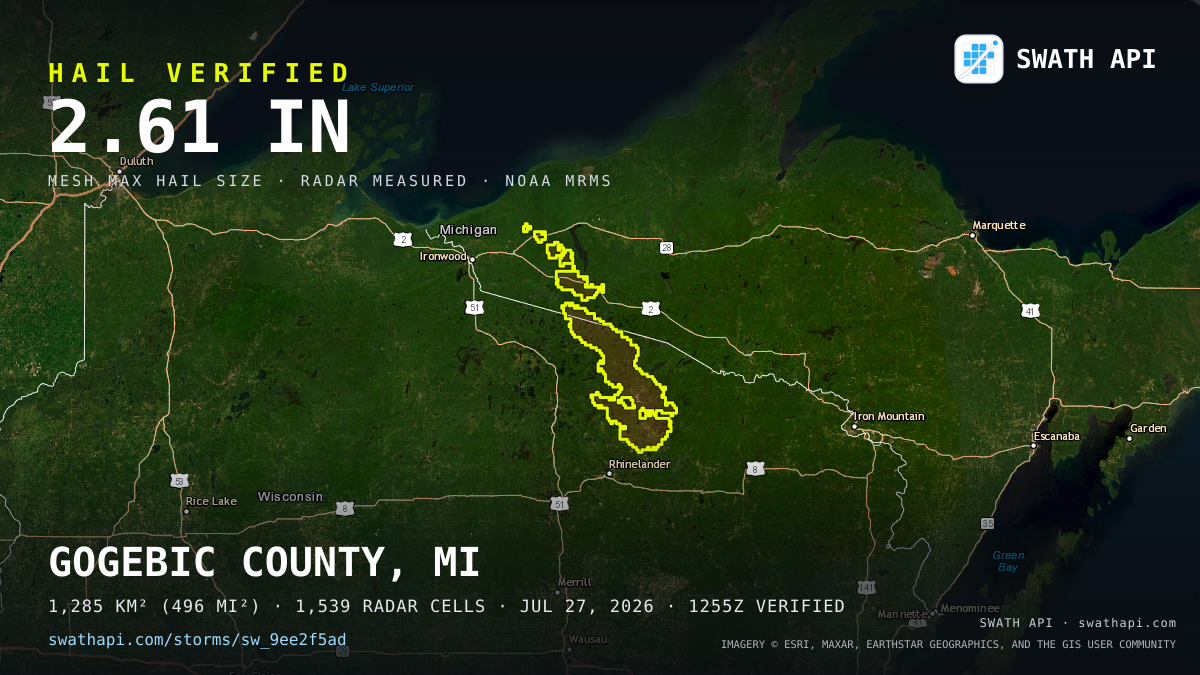Storm card: 1.1–2.6" hail crossed Vilas County, WI — July 27, 2026