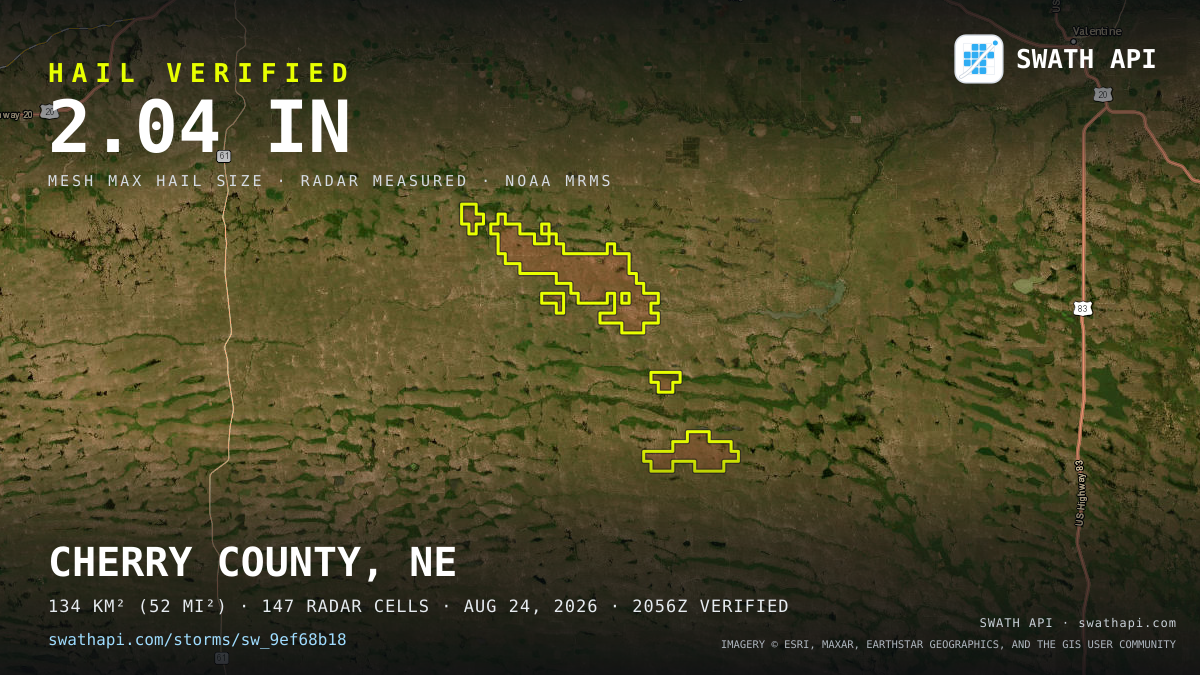 Storm card: 1.3–2" hail crossed Cherry County, NE — August 24, 2026