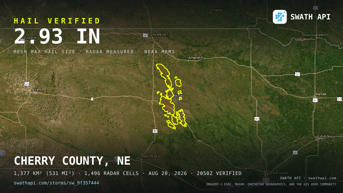 Storm card: 1.2–2.9" hail crossed Blaine County, NE — August 20, 2026