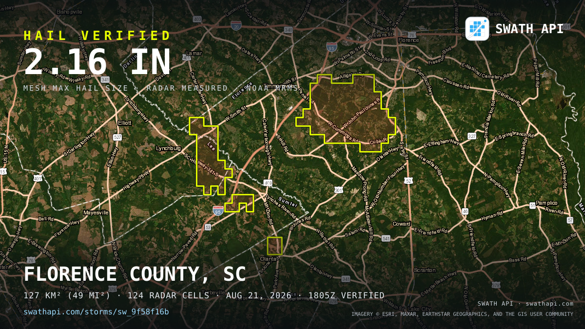 Storm card: 1.1–2.2" hail crossed Florence County, SC — August 21, 2026