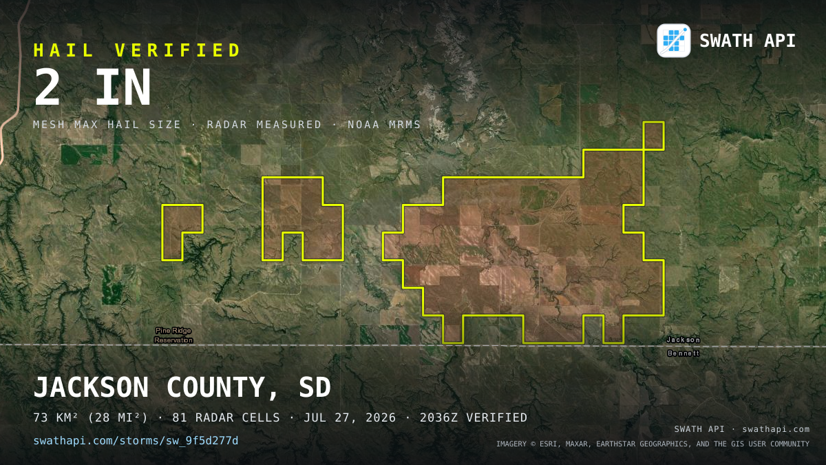 Storm card: 1.4–2" hail crossed Jackson County, SD — July 27, 2026