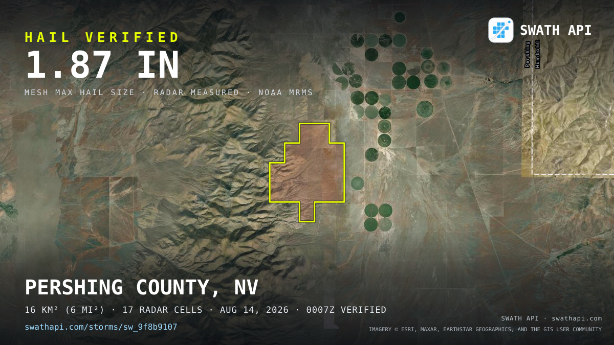 Storm card: 1.3–1.9" hail crossed Pershing County, NV — August 14, 2026