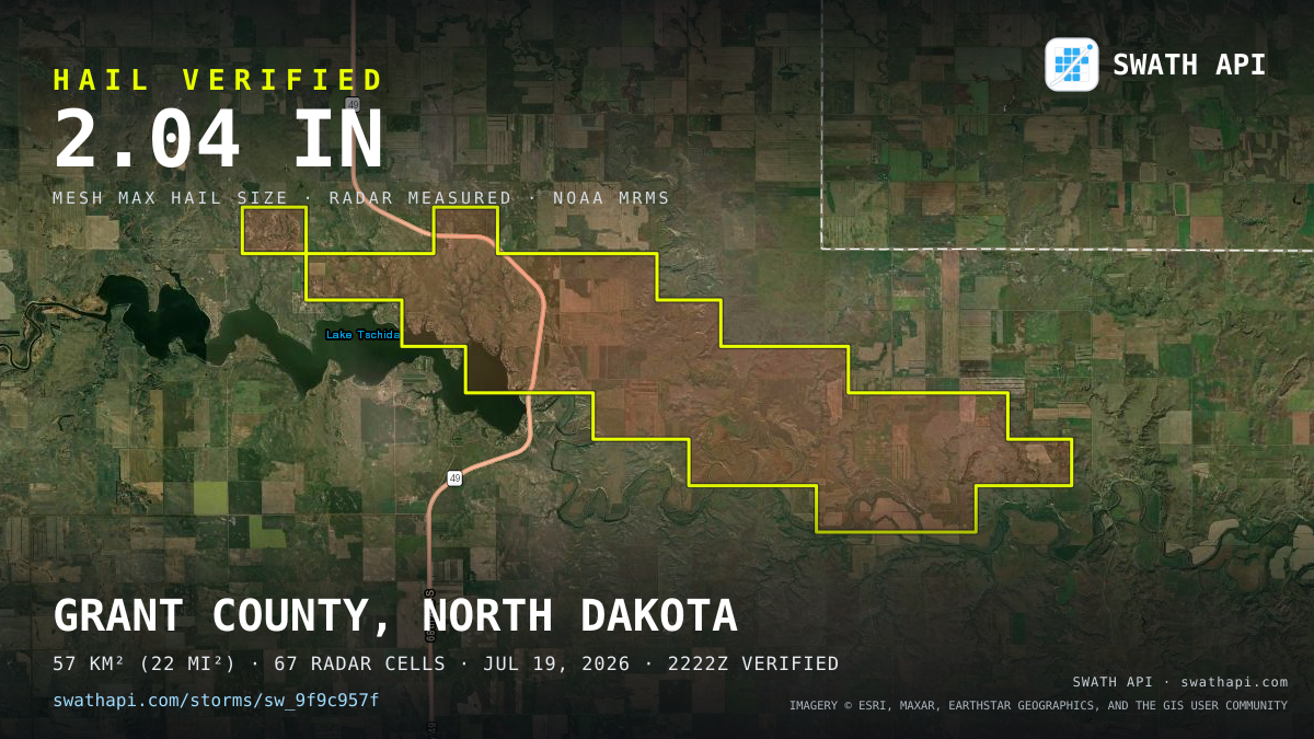 Storm card: 1.3–2" hail crossed Grant County, ND — July 19, 2026