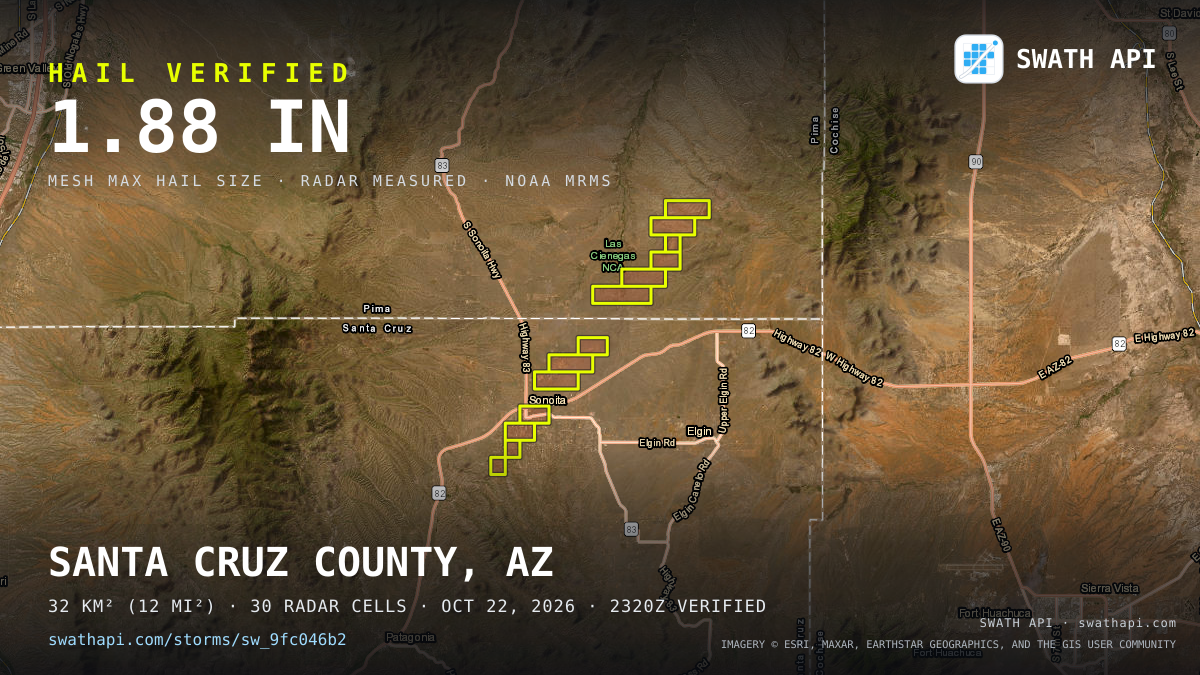 Storm card: 1.3–1.9" hail crossed Pima County, AZ — October 22, 2026