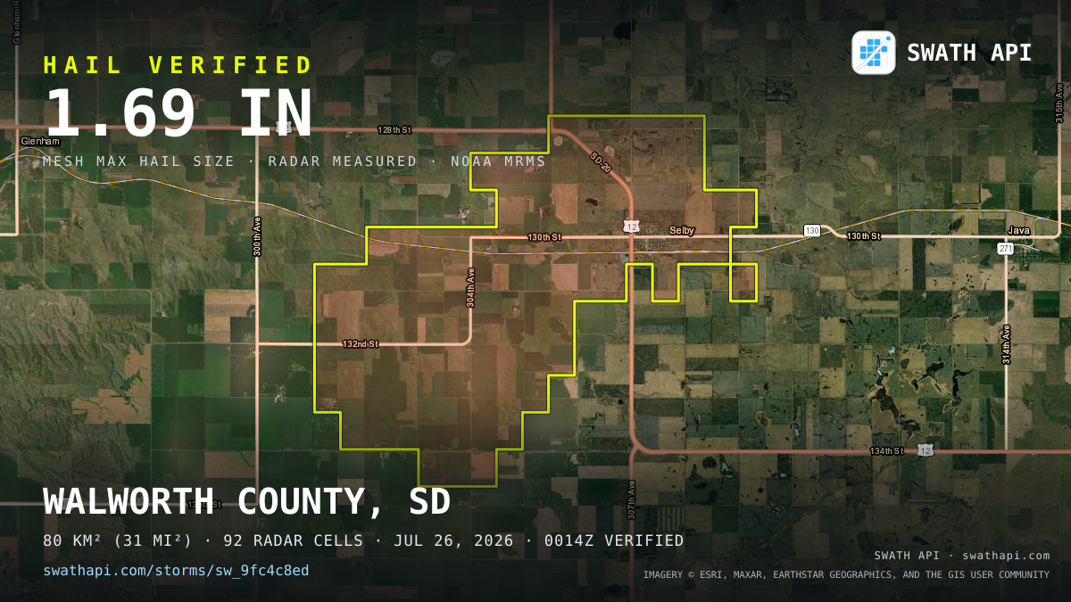 Storm card: 1.2–1.7" hail crossed Walworth County, SD — July 26, 2026