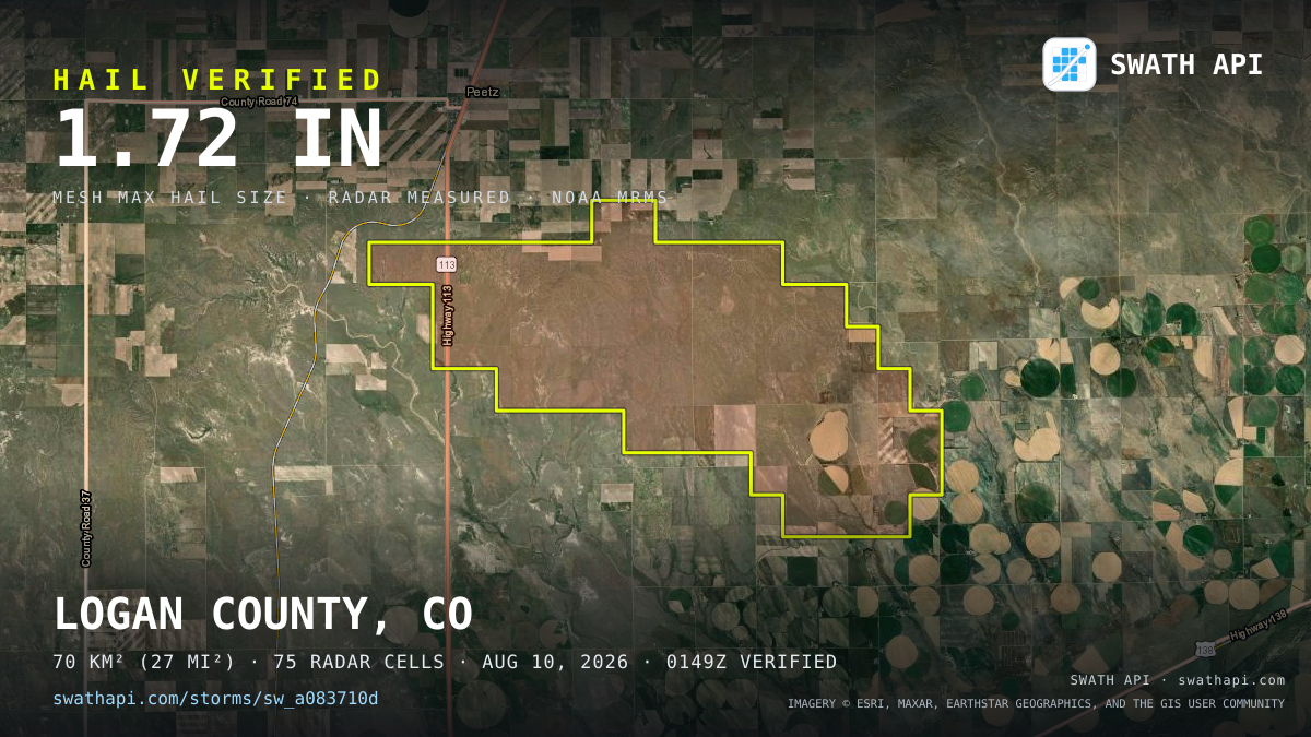 Storm card: 1.2–1.7" hail crossed Logan County, CO — August 10, 2026