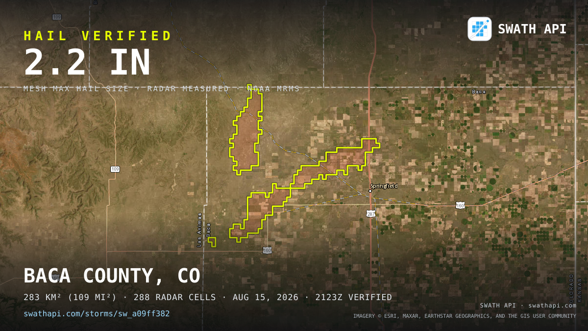 Storm card: 1.1–2.2" hail crossed Baca County, CO — August 15, 2026