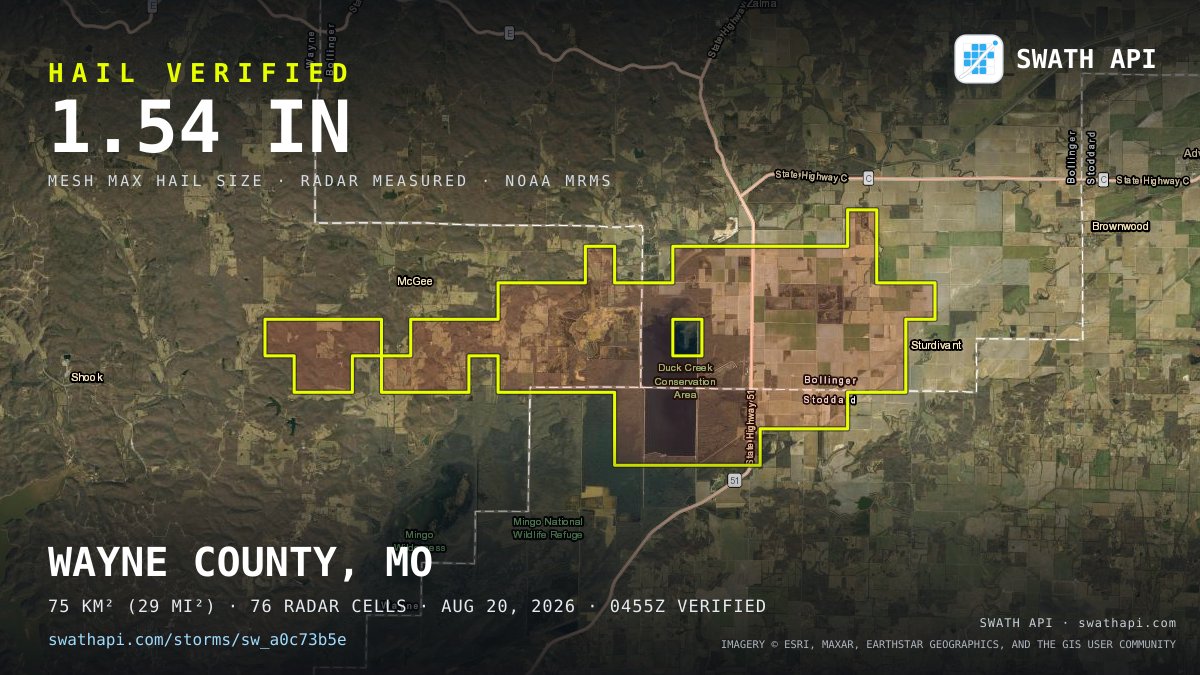 Storm card: 1.2–1.5" hail crossed Bollinger County, MO — August 20, 2026