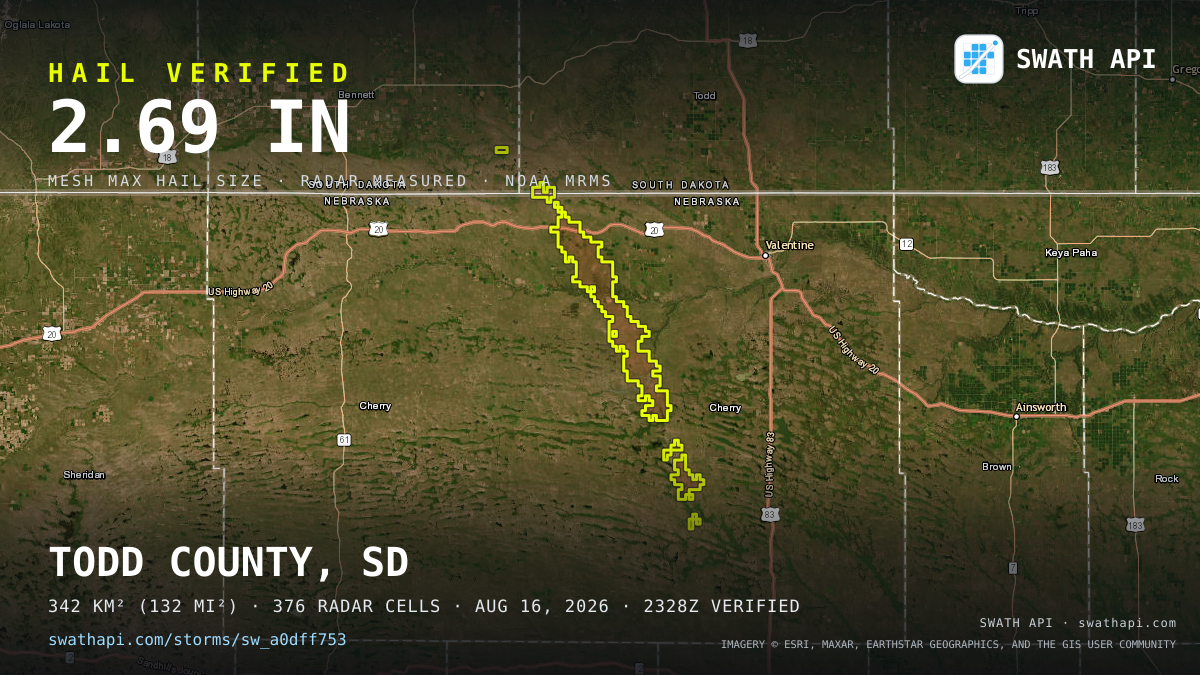 Storm card: 1.1–2.7" hail crossed Cherry County, NE — August 16, 2026