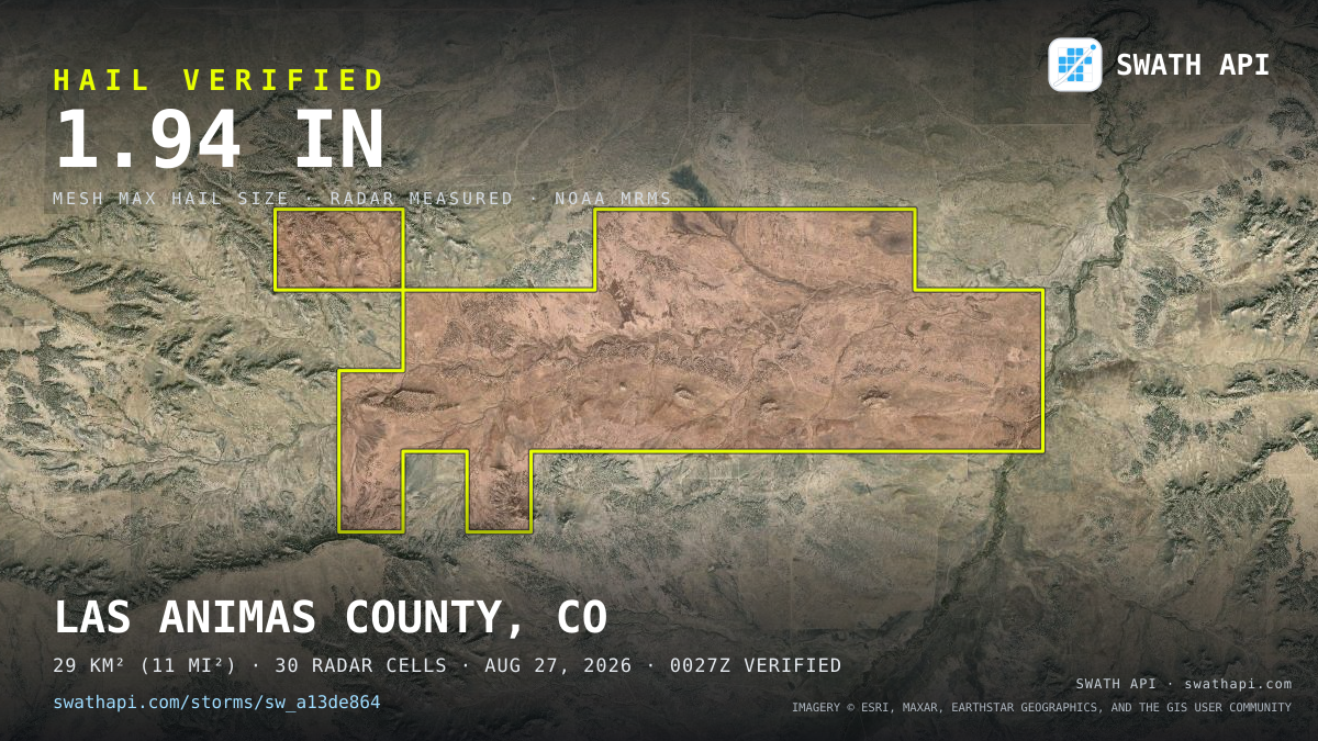 Storm card: 1.3–1.9" hail crossed Las Animas County, CO — August 27, 2026