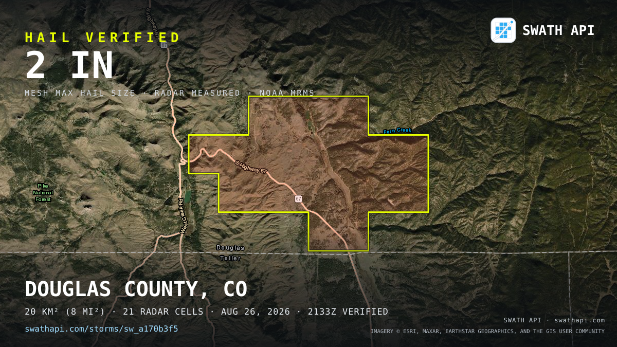 Storm card: 1.1–2" hail crossed Douglas County, CO — August 26, 2026