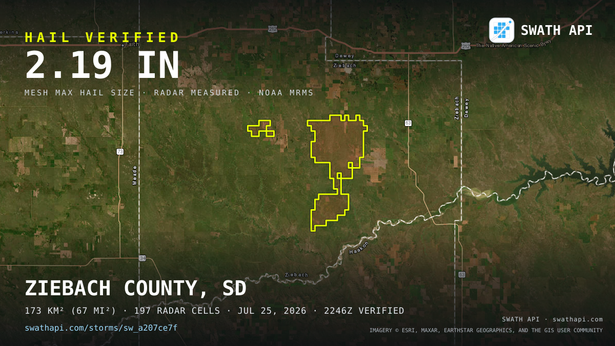 Storm card: 1.1–2.2" hail crossed Ziebach County, SD — July 25, 2026