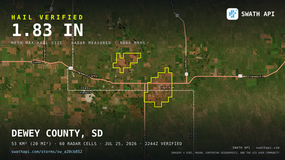 Storm card: 1.2–1.8" hail crossed Dewey County, SD — July 25, 2026