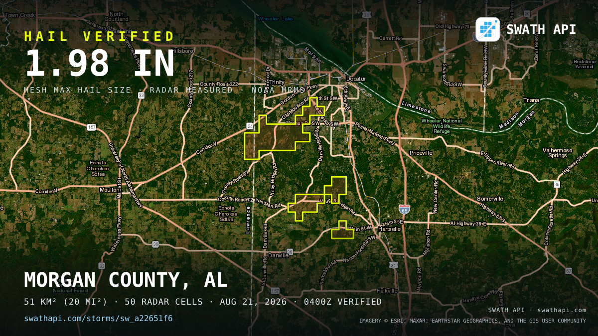 Storm card: 1.1–2" hail crossed Morgan County, AL — August 21, 2026