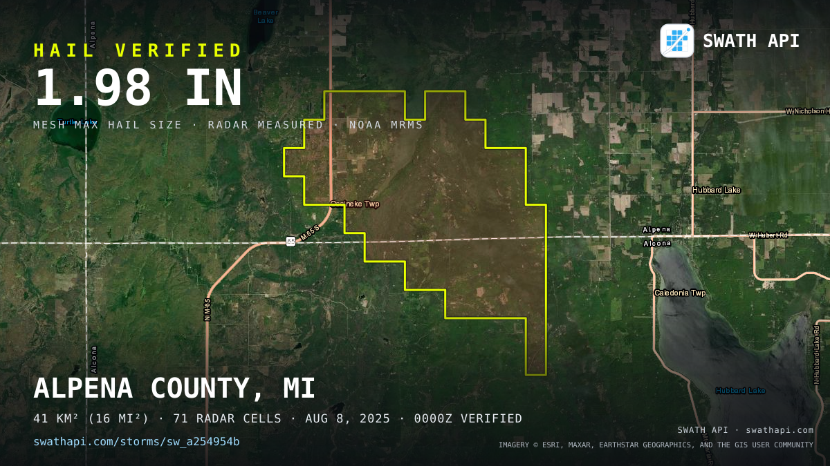 Storm card: 1.4–2" hail crossed Alpena County, MI — August 8, 2025