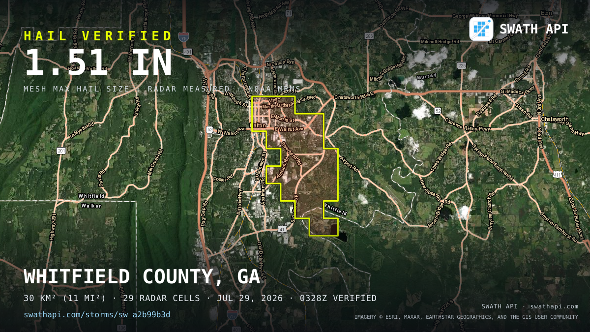 Storm card: 1.1–1.5" hail crossed Whitfield County, GA — July 29, 2026
